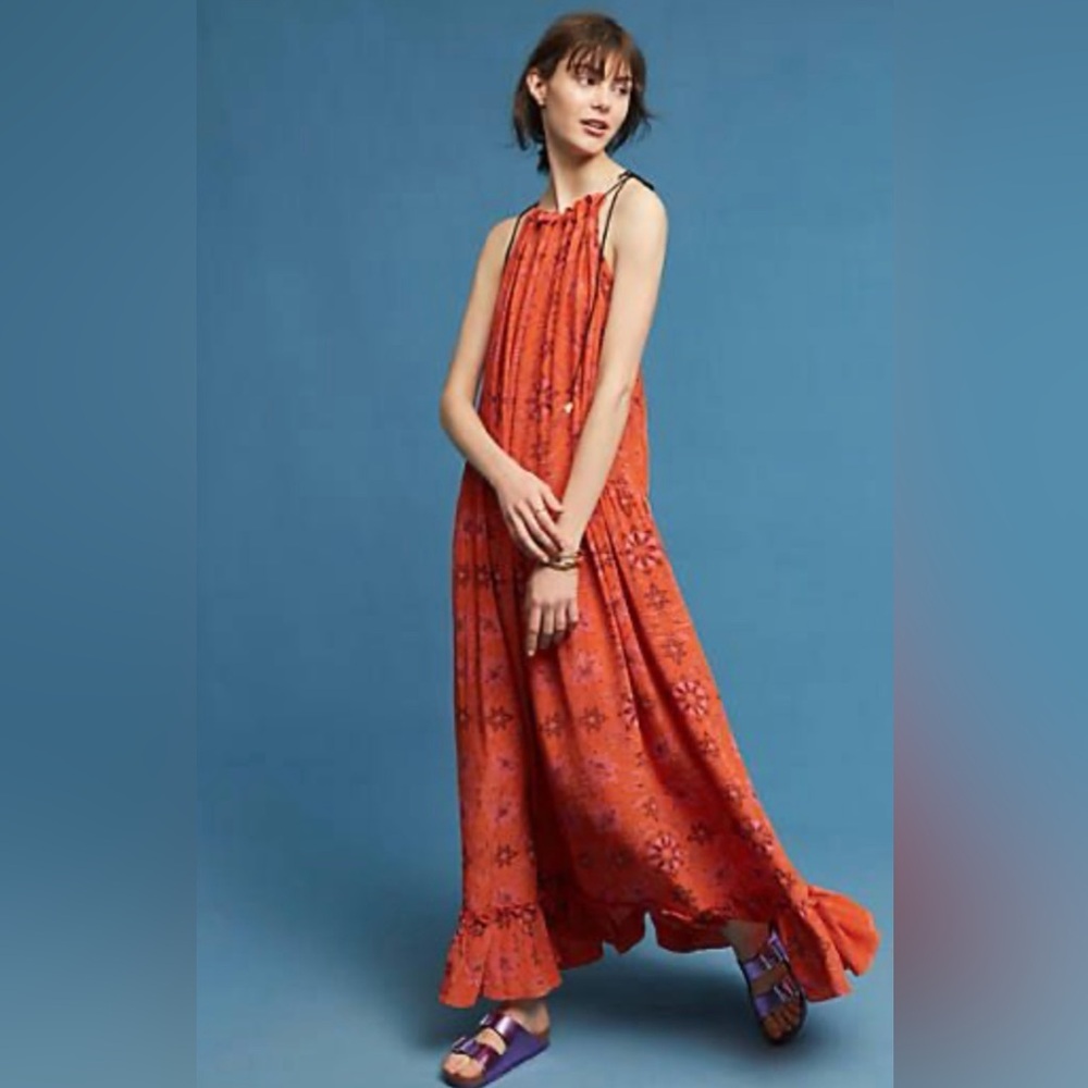 NWT Anupamaa for Anthropologie Riya Silk Halter Maxi Dress Orange Floral Small